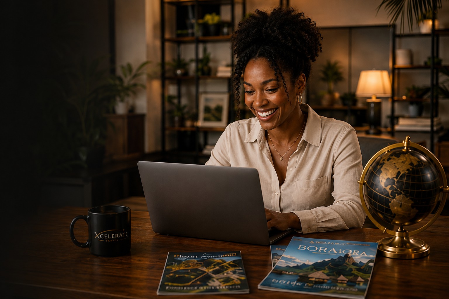 An Xcelerate Travel advisor planning trips on a laptop with a globe, travel brochures and a branded mug in a warm home-office setting.