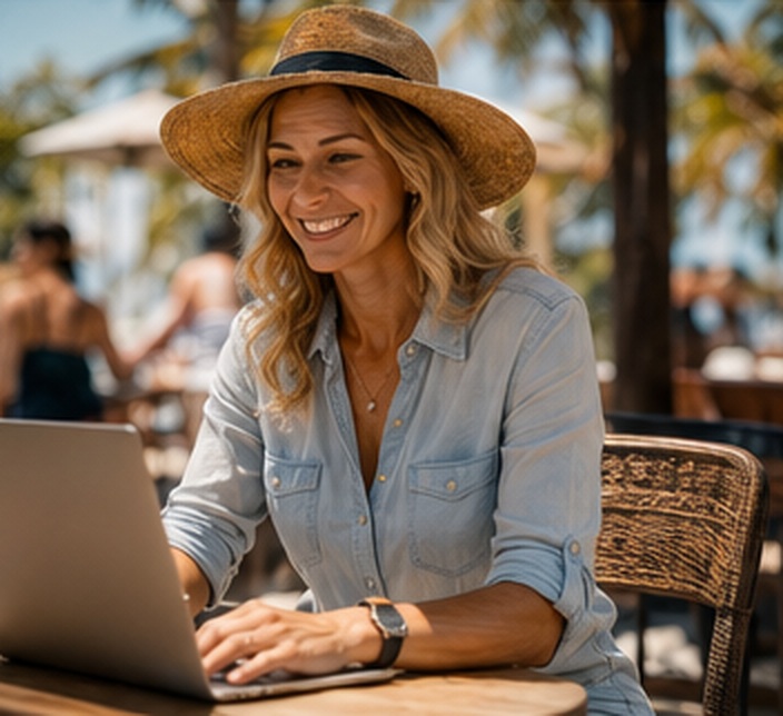 An Xcelerate Travel advisor planning trips on a laptop in a warm travel setting.