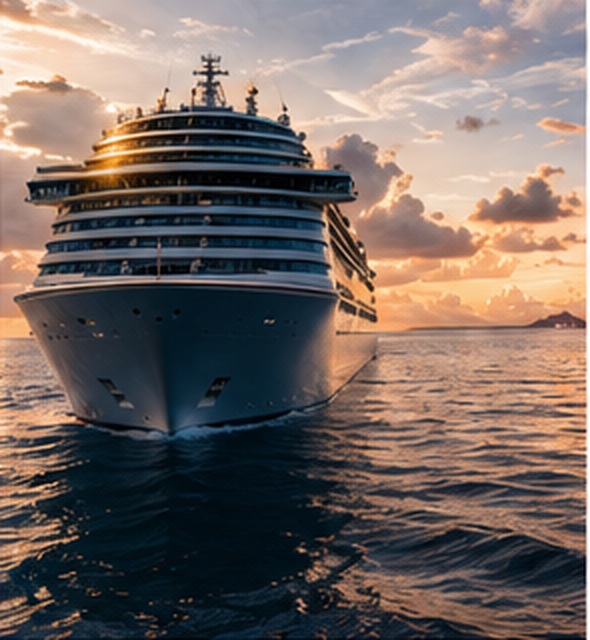 A cruise ship gliding across calm water at sunset.