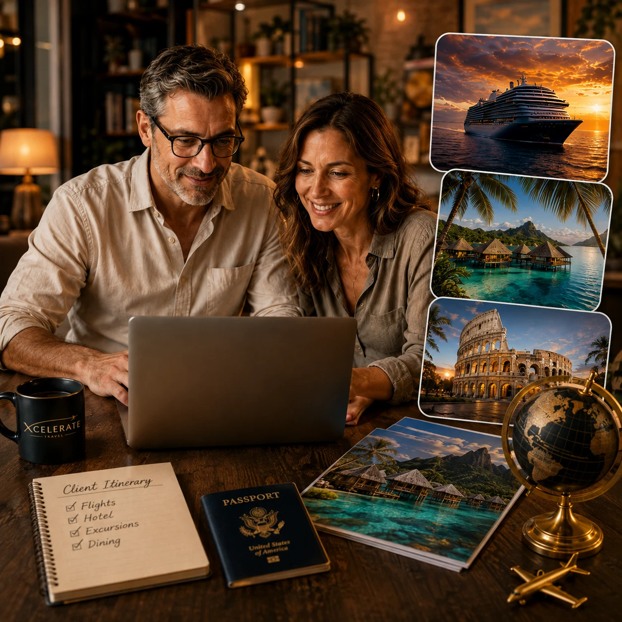 Two Xcelerate Travel advisors planning a client vacation together at a laptop, surrounded by destination photographs, travel documents, a globe, and itinerary materials.