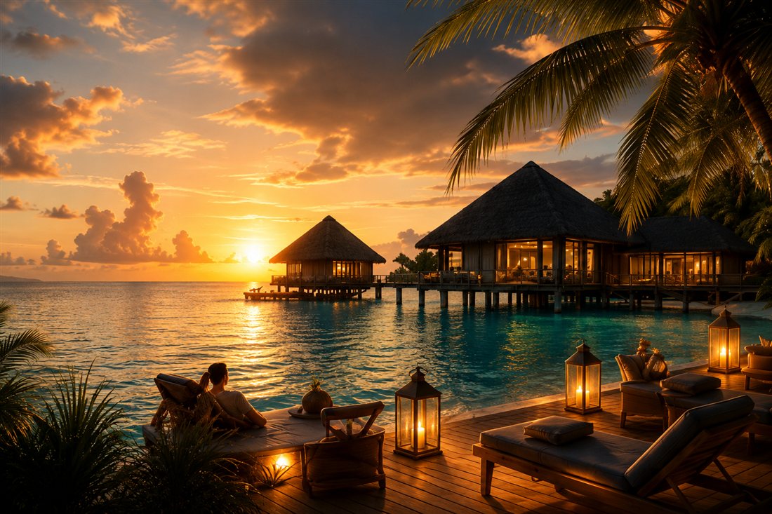 Overwater bungalows glowing at sunset, where Xcelerate advisors send their clients.